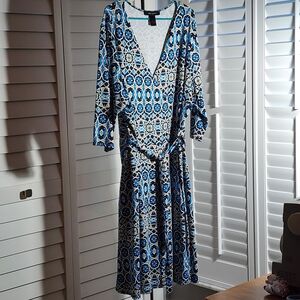 Ashley Stewart Blue and White Patterned Long Sleeve Dress